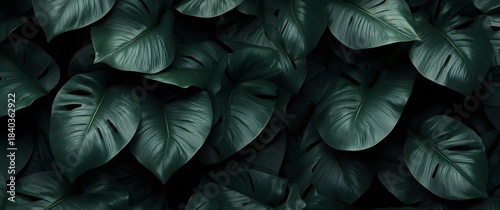 Dark Tropical Monstera Leaves Background — Lush Green Foliage Texture.