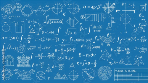 Complex Physics and Math Equations on Blueprint Background