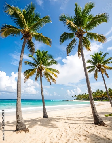 Tropical beach with palm trees under a vibrant sky