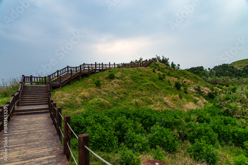 Wallpaper Mural tranquil landscape with wooden promenade on the seaside hill at Songaksan in Jeju Island, South Korea Torontodigital.ca