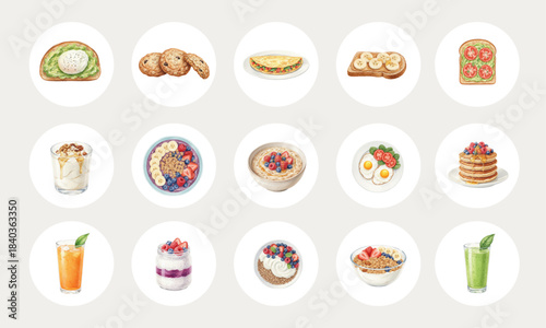 Watercolor Collection of Healthy Breakfast Meals and Snacks