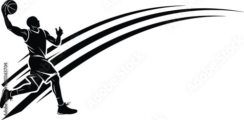 Basketball dunk silhouette, airborne slam, athletic motion, sports energy, dynamic lines, power pose, cad drawing flat vector illustration
