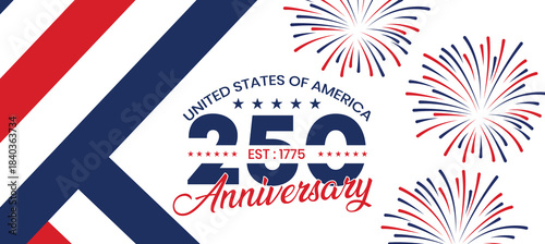 Bold Diagonal Stripes USA 250 Anniversary Banner with Fireworks Design