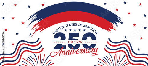 USA 250 Anniversary Banner with Brush Stroke Arc and Patriotic Star Pattern