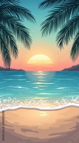 A cartoon of a tropical beach with palm trees and the sun setting travel concept copy space vertical background