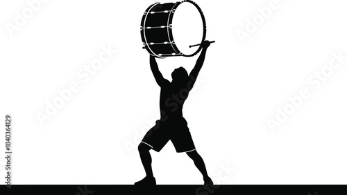 Drummer silhouette pose, bass drum lift, music energy, performance gesture, rhythm power, cad drawing flat vector illustration