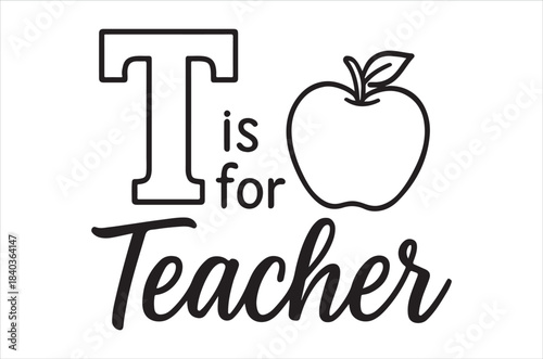 A simple black and white illustration depicting the letter t alongside an apple representing teachers