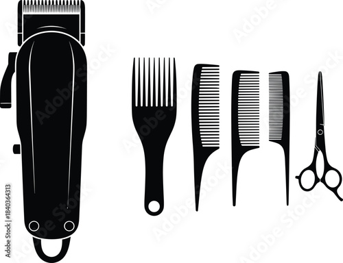 Hairdressing tools silhouette, barber equipment, combs and scissors, grooming kit, salon gear, clipper set, cad drawing flat vector illustration