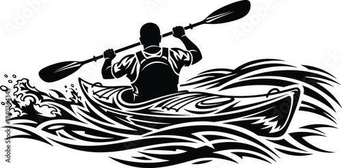 Kayaking silhouette, water sport, rapid waves, adventure motion, paddle action, outdoor activity, splash energy, cad drawing flat vector illustration