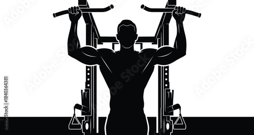 Lat pulldown exercise, gym workout, strength training, muscular silhouette, fitness machine, upper body, cable machine, cad drawing flat vector illustration