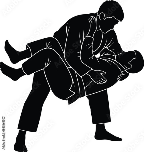 Martial arts silhouette, grappling technique, judo move, combat training, physical control, uniformed fighters, cad drawing flat vector illustration