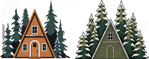 Two aframe winter cabins interior with pine trees on