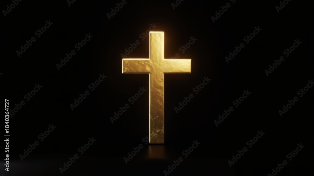 Fototapeta premium Golden christian cross glowing brightly against dramatic black background with subtle inner light, concept of easter faith, religious inspiration, church branding, spiritual events
