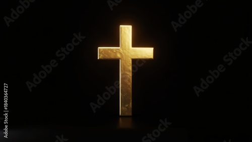 Golden christian cross glowing brightly against dramatic black background with subtle inner light, concept of easter faith, religious inspiration, church branding, spiritual events
