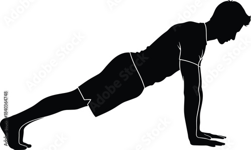 Plank exercise silhouette, core strength pose, bodyweight training, fitness posture, endurance workout, cad drawing flat vector illustration