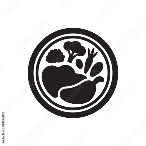 Healthy Meal Symbol: A simple, elegant symbol represents a plate filled with an assortment of nutritious whole foods. Illustrating the essential elements of a well-balanced meal.