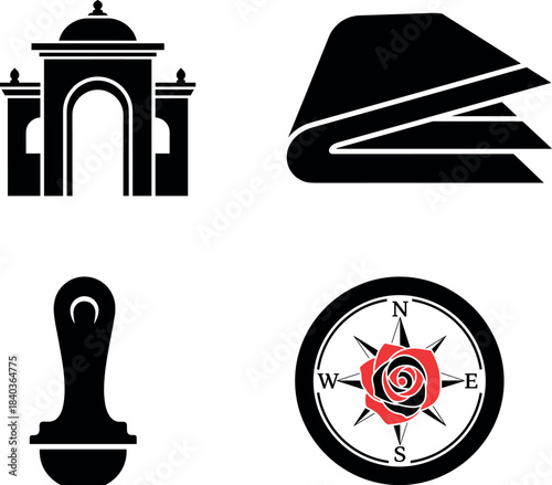 Black and red graphic icons of an archway a stapler a stamp and a compass rose