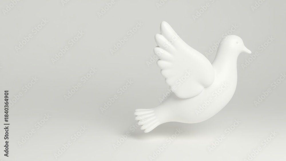 Fototapeta premium White dove flying gracefully against soft light gray background with significant empty space for text, concept of holy spirit, peace symbol, easter celebrations, christian faith, wedding invitations