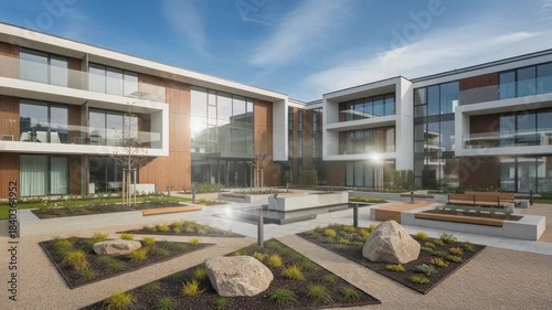 Modern Courtyard Architecture with Sleek Buildings and Landscaped Gardens.