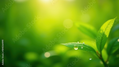 Fresh green leaf with morning dew drops in soft sunlight against blurred natural green background with significant empty space, concept of eco friendly products, wellness spa, organic skincare