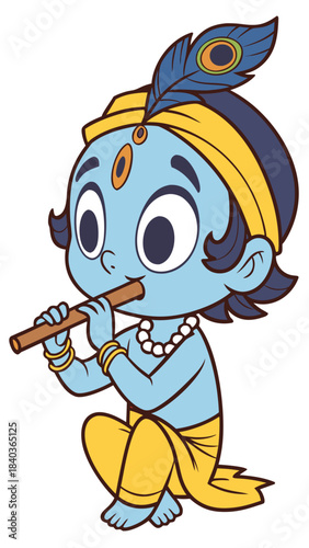 Cartoon-style image of young Lord Krishna with blue skin, yellow dhoti, peacock feather headband, and flute, seated in a playful pose.
