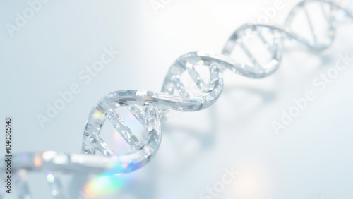 Crystal clear glass dna double helix with rainbow light refractions floating against soft white background, concept of genetic purity, advanced biotechnology, medical innovation, luxury health science