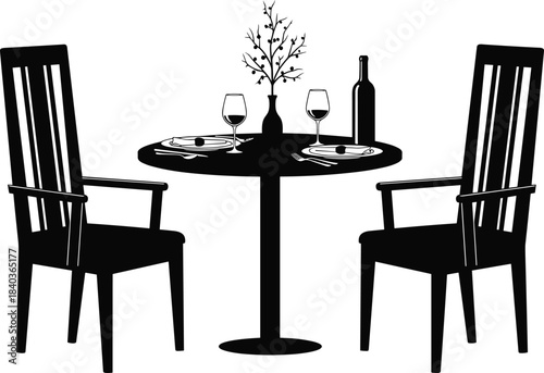 Romantic dinner table silhouette, couple dining setup, wine bottle and glasses, elegant vase decor, intimate restaurant scene, black vector art