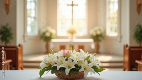 White easter lilies on altar with wooden cross and stained glass windows in softly lit church interior, concept of easter worship, christian faith, resurrection celebration, wedding ceremony