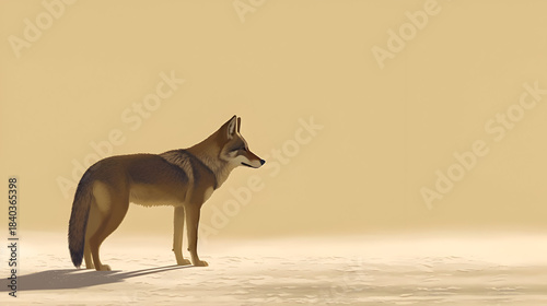 A lone coyote stands in the vast,  sundrenched desert,  its fur blending seamlessly with the sandy landscape,  creating a harmonious scene