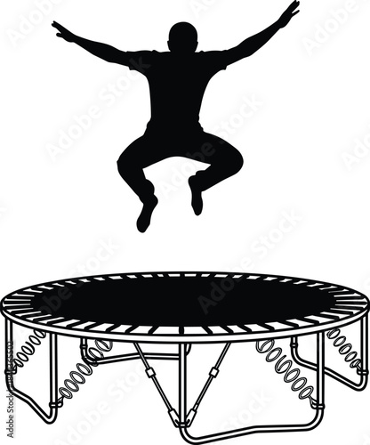 Trampoline jump silhouette, energetic motion, outdoor activity, dynamic pose, recreational bounce, spring action, athletic leap, cad drawing flat vector illustration