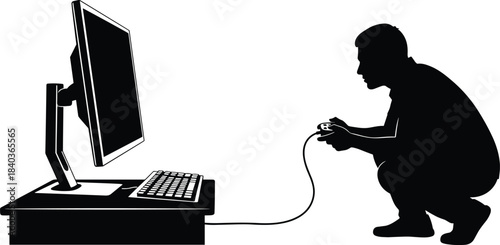 Video gaming silhouette, gamer pose, wired controller, computer setup, digital interaction, immersive play, cad drawing flat vector illustration