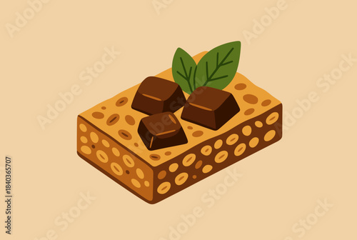 A delicious dessert bar topped with chocolate pieces and fresh mint leaves on a plain background.