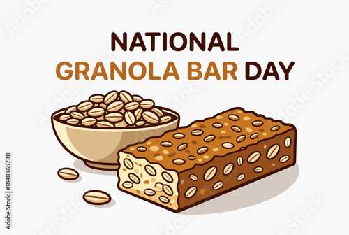 An illustration celebrating National Granola Bar Day, featuring a bowl filled with oats or granola next to a delicious-looking granola bar.