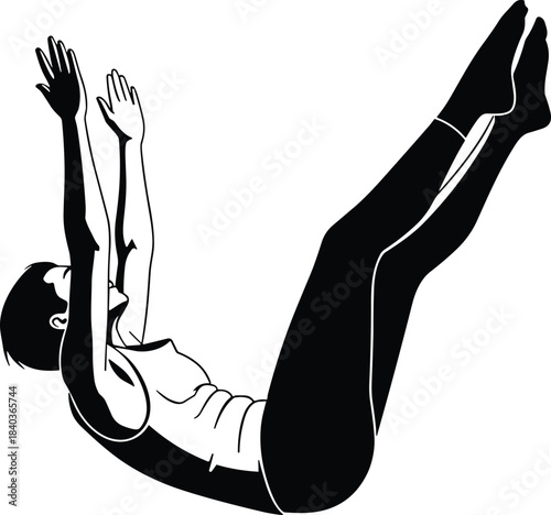 V-up exercise silhouette, core workout pose, abdominal strength training, fitness motion, body control, cad drawing flat vector illustration