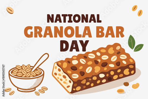 An illustration celebrating National Granola Bar Day, featuring a delicious granola bar, a bowl of oats, and scattered grains on a light background.