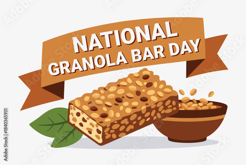 An illustration celebrating National Granola Bar Day with a granola bar, a bowl of granola, and green leaves on a white background.