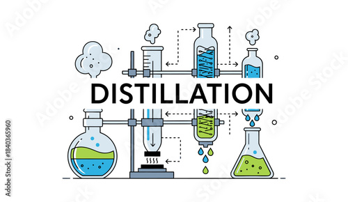 A colored line illustration diagram depicting the distillation process in a laboratory.