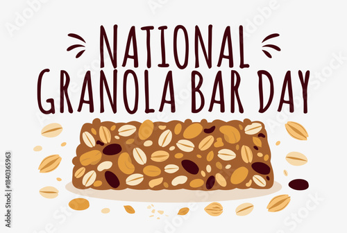 A cartoon illustration celebrating National Granola Bar Day with a detailed granola bar and scattered oats on a light background.