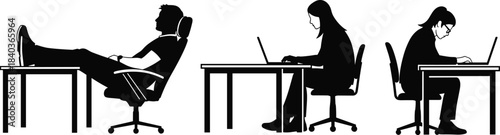 Work posture silhouette, desk behavior, productivity contrast, office routine, laptop focus, casual attitude, cad drawing flat vector illustration