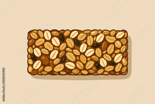 An overhead view of a single rectangular granola bar, packed with oats, nuts, and dried fruit, against a light beige background.