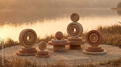 Calm warm-tone scene with concentric stone elements arranged in gentle balance