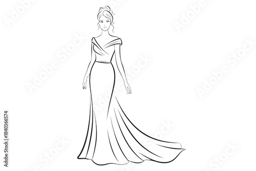 Line art sketch of a woman in an off the shoulder evening gown with a long flowing train swirl traditional bridal
