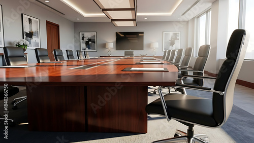 Modern corporate boardroom with large wooden conference table and executive chairs