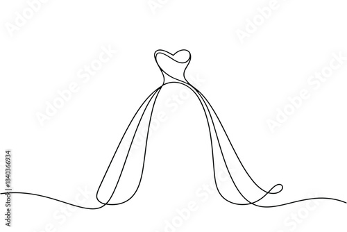 Minimalist single line drawing of a flowing wedding dress with a long train gown bride swirl traditional bridal