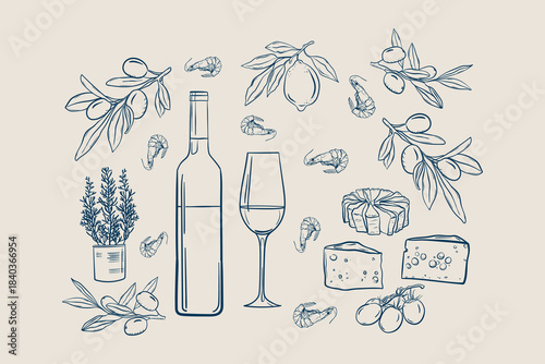 wine or champagne and glass, sliced ​​different cheeses doodle set, Italian food shrimps in hand drawn ink style.