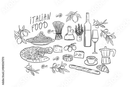Italian food doodle set, Collection of Mediterranean products in hand drawn style, Pizza and Italian pasta with shrimps set of cheeses and wine vintage design.