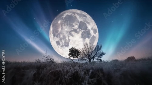 Full Moon Over Landscape With Trees And Stars.