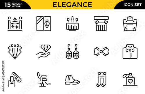 Elegance line icon set. Contains related to gems, fashion, jewelry, gold, precious and more. Collection for mobile and web apps.Thin outline icons pack. Vector illustration