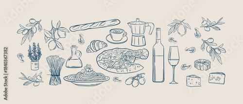 Italian food doodle set, Collection of Mediterranean products in hand drawn style, Pizza and Italian pasta with shrimps set of cheeses and wine vintage design.