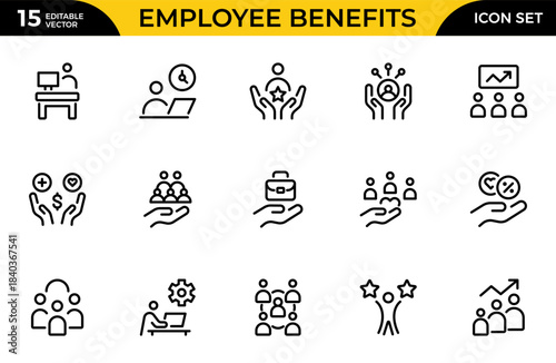 Employee Benefits line icon set. Contains such symbols as sick, benefit, employment, personal, holiday and more. Thin outline icons pack. Vector illustration